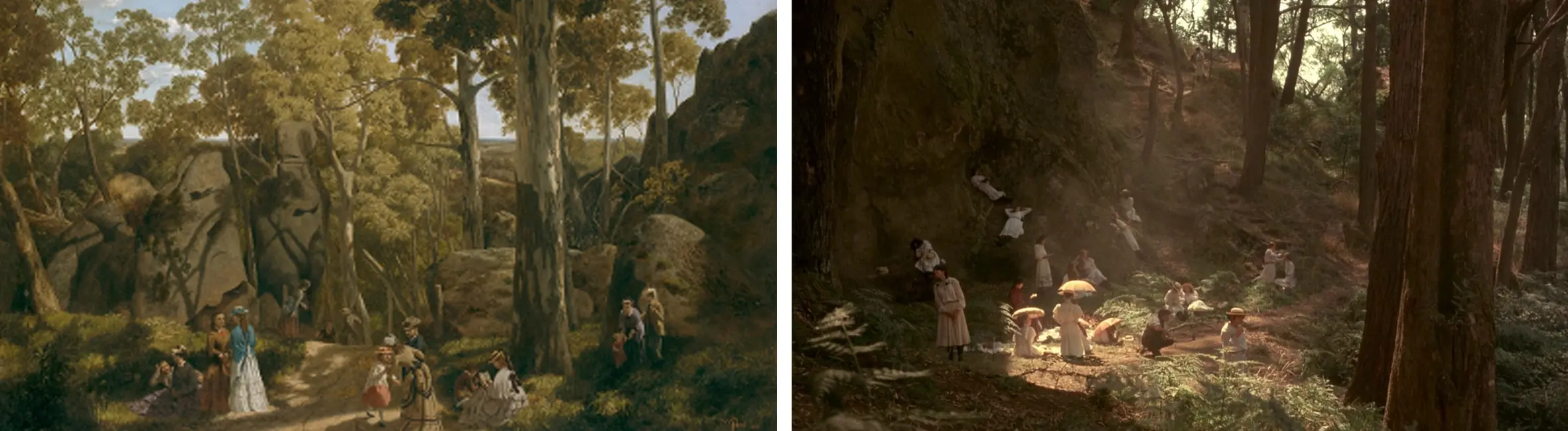 William Ford's painting Picnic Party at Hanging Rock near Macedon (1875) and the analogous scene from Weir's film