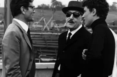 Totò, Ninetto Davoli and Pier Paolo Pasolini on the set of The Hawks and the Sparrows