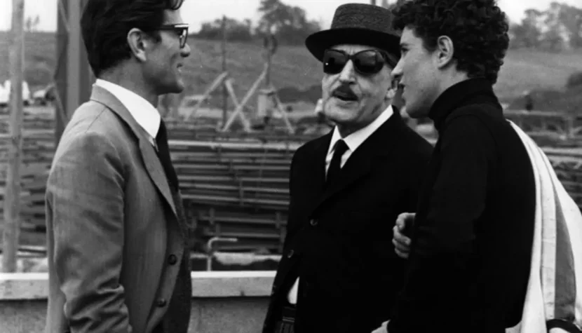 Totò, Ninetto Davoli and Pier Paolo Pasolini on the set of The Hawks and the Sparrows