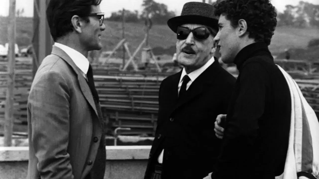 Totò, Ninetto Davoli and Pier Paolo Pasolini on the set of The Hawks and the Sparrows