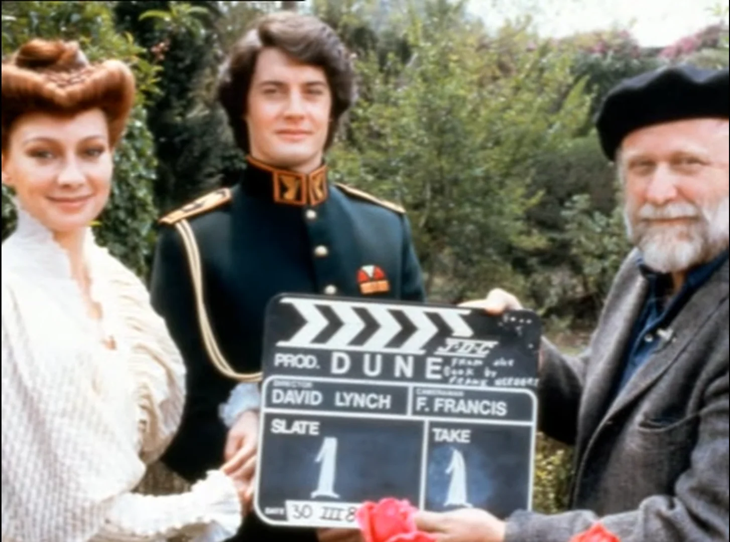 Frank Herbert, Kyle MacLachlan and Francesca Annis on the set of Dune