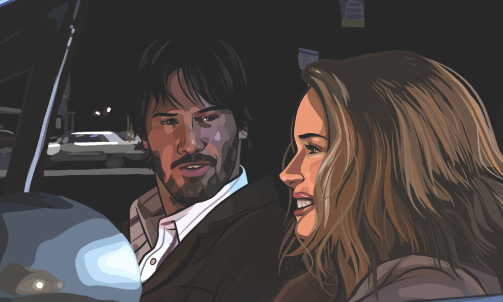 A Scanner Darkly keanu reeves winona ryder in a car