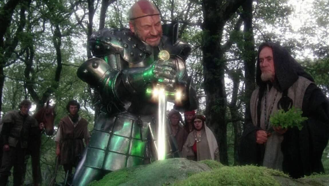 excalibur Patrick Stewart drawing sword from stone Nicol Williamson