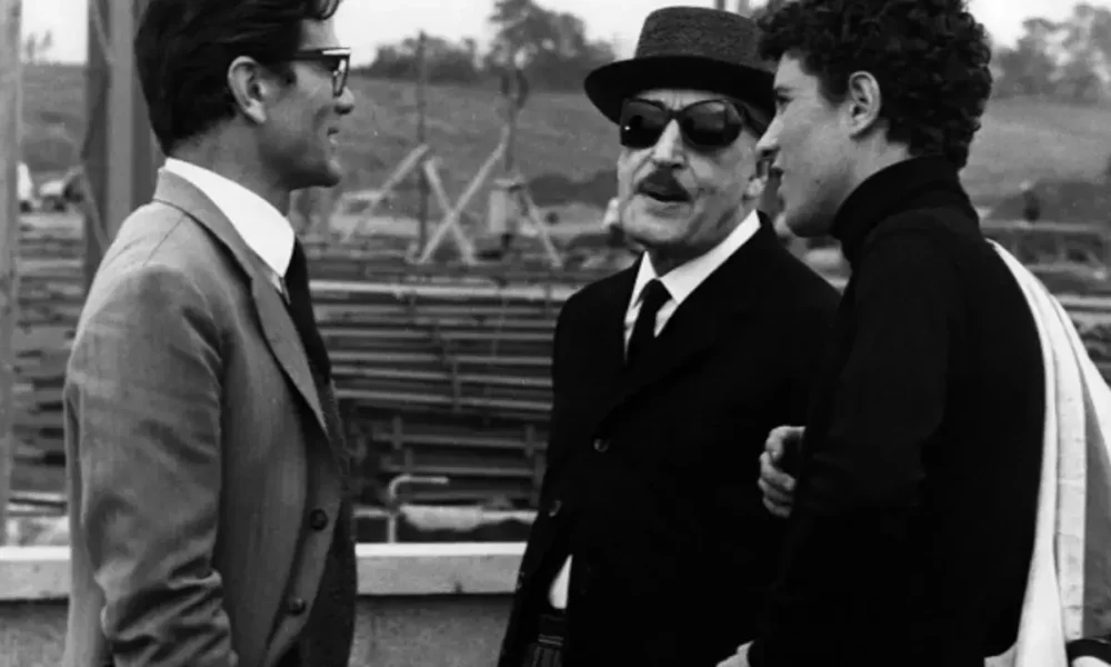 Totò, Ninetto Davoli and Pier Paolo Pasolini on the set of The Hawks and the Sparrows